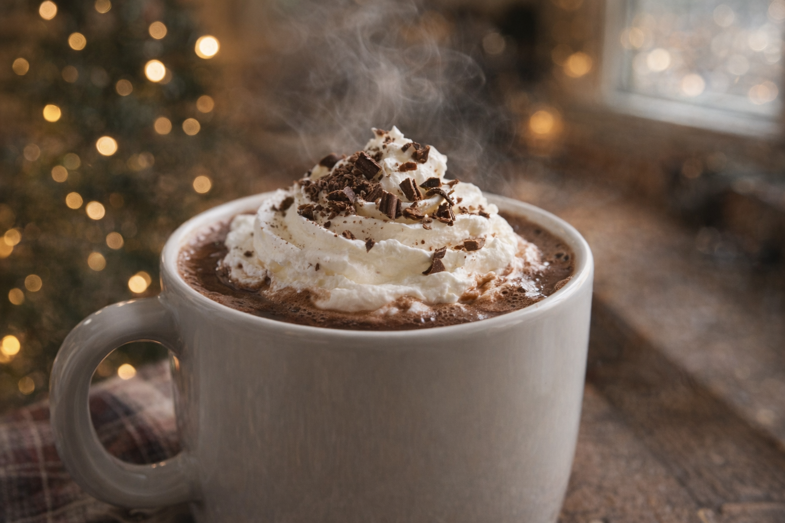 A steaming mug of rich, dark hot chocolate topped with whipped cream and chocolate shavings, set against a warm, inviting winter background